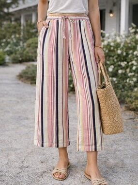 Old Navy Linen Blend Striped Wide Leg Crop Pants Medium